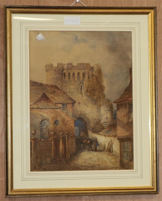 19th century English School, in the manner of Samuel Prout, study of entrance gate, Lewes Castle ruins, unsigned. 44 x 31cm. watercolou